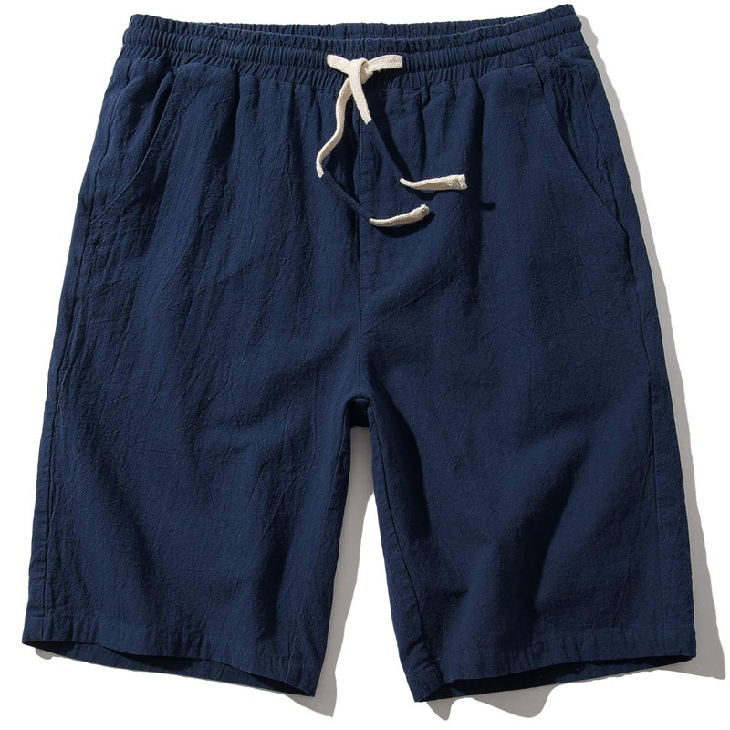 SIR7 Men's Linen Casual Classic Fit 11 Inch Inseam Elastic Waist Shorts with Drawstring Navy - Image 1